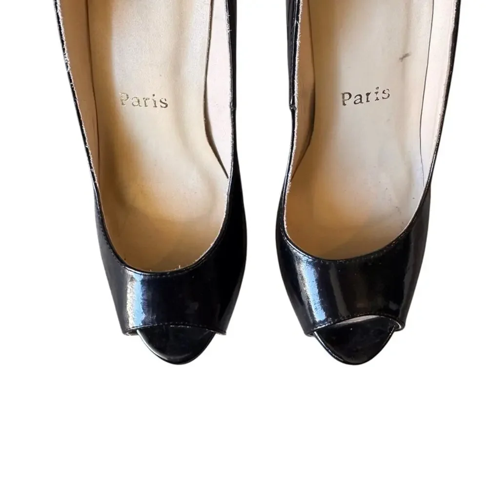 Christian Louboutin - Black Patent Peep-Toe Stiletto Heels Red Soles Sz 37